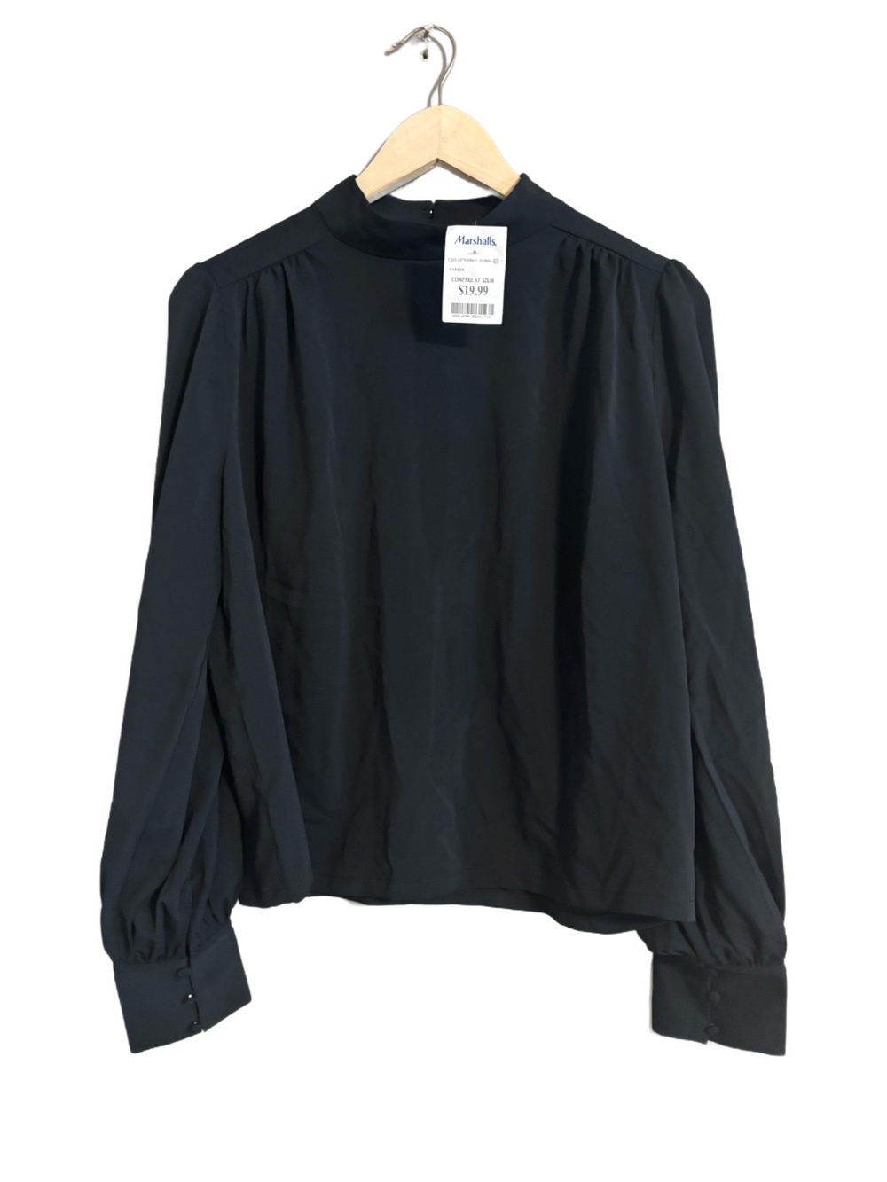 New Joie Black Long-Sleeve Mock Neck Blouse Keyhole Back w/ Button Sleeves Sz L